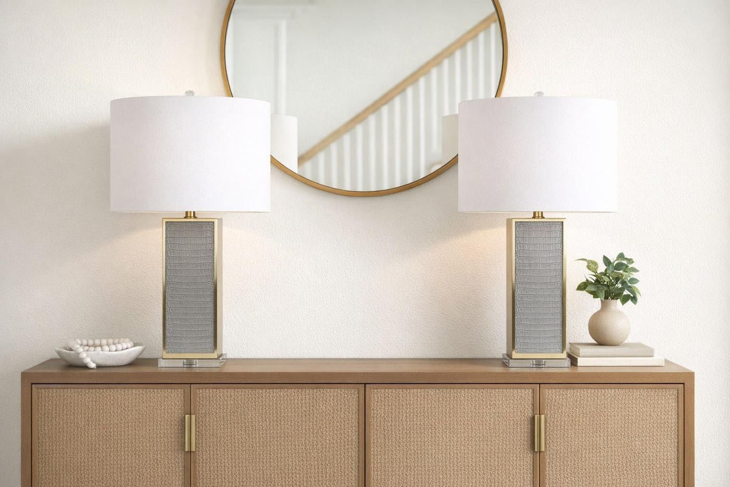 Gator Luxe PU Alligator Leather, Crystal & Metal Table Lamp (Set of 2) - Gray Gator Pu / Soft Gold