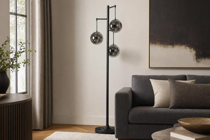 "Globe Cascade" Metal Floor Lamp With Glass Globes - Polished Chrome / Smoked Glass