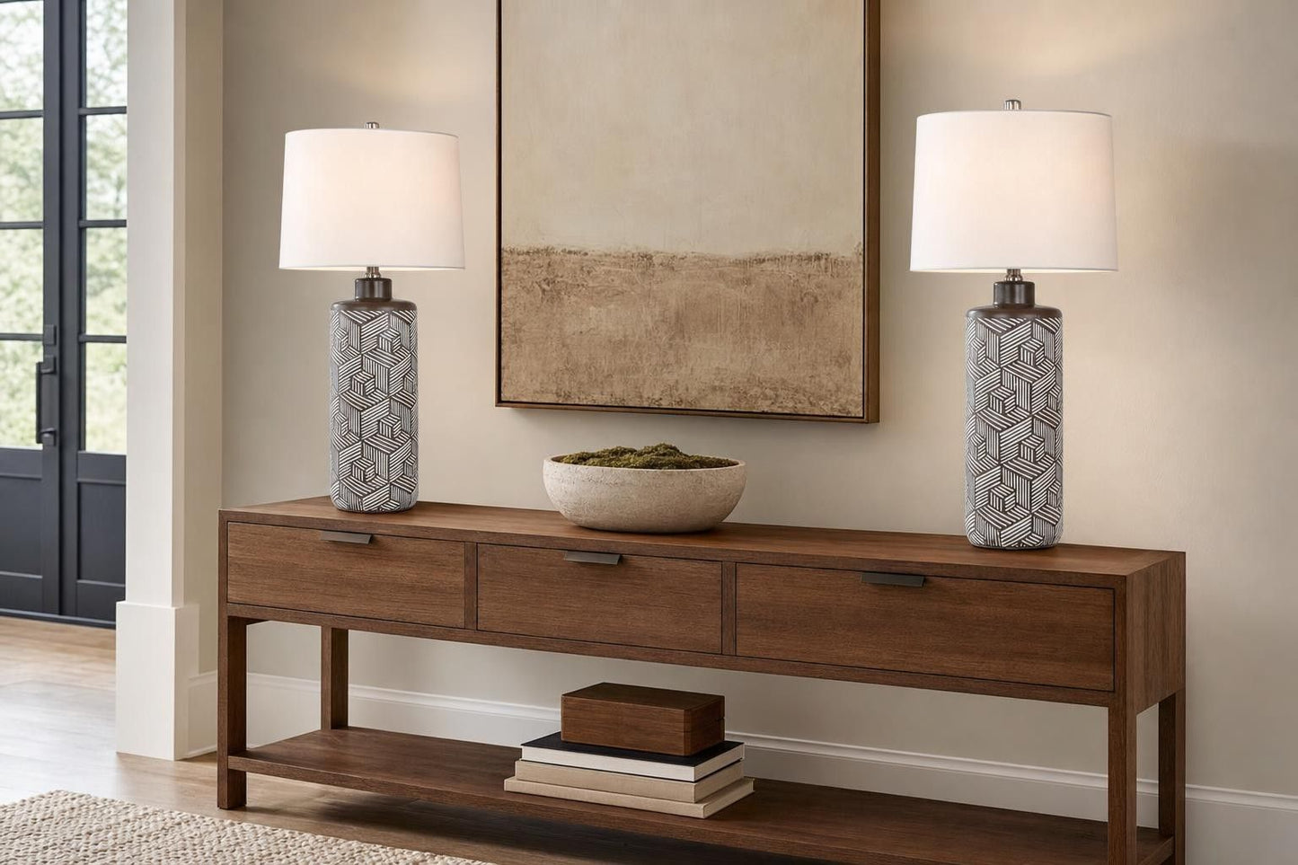 "Geometric Harmony" Ceramic Table Lamp (Set of 2) - Brown / White
