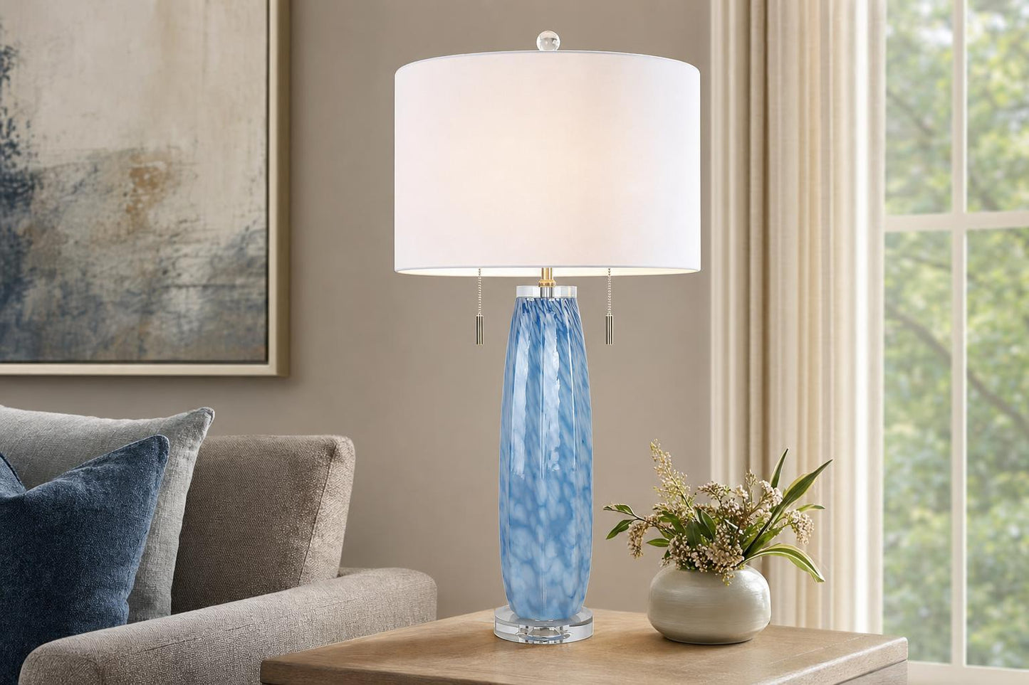 "Azure Display" Art Glass Table Lamp (Set of 2) - Blue Art Glass / Clear Crystal / Soft Gold