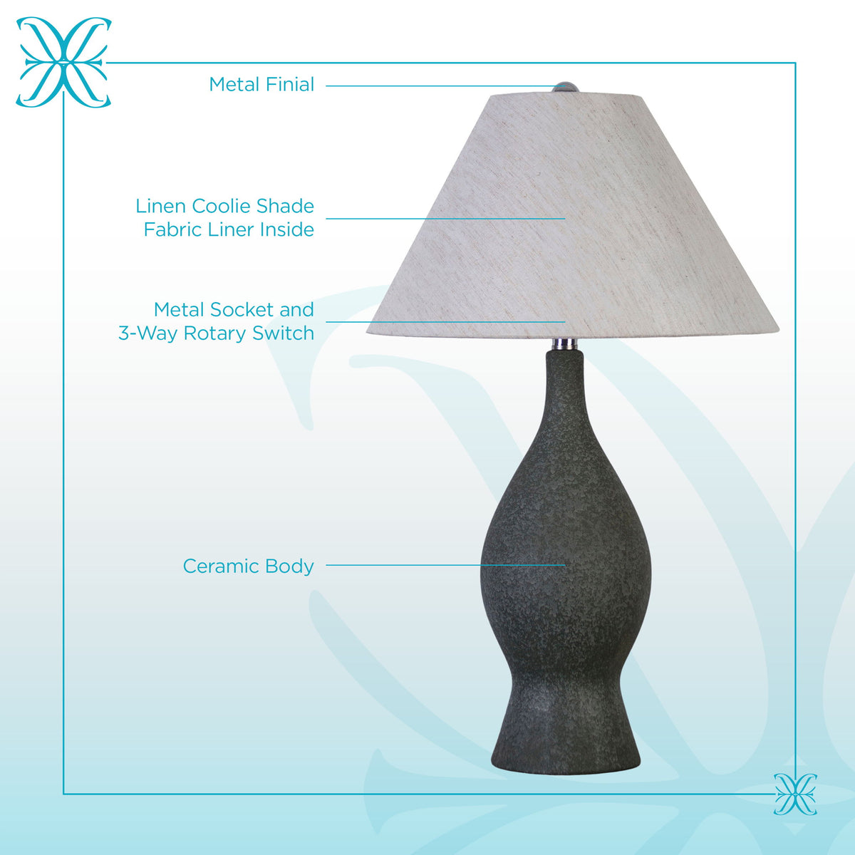 "Cerulean Elegance" Ceramic Table Lamp (Set of 2) - Blue Gray