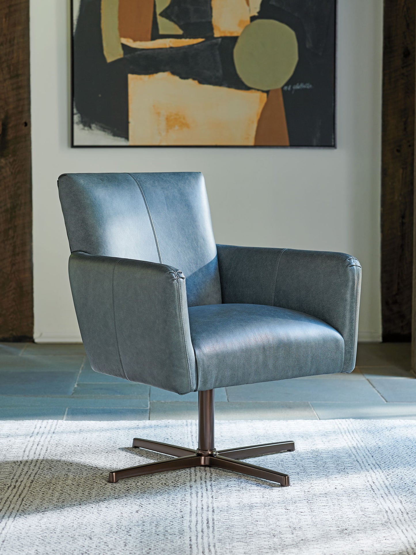 Barclay Butera Upholstery - Brooks Leather Swivel Chair - Dark Gray / Bronze