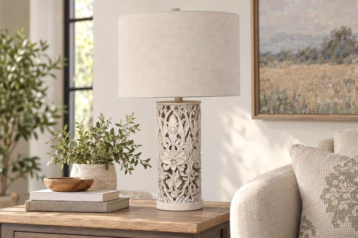 Ivory Trellis - 26 X 15 - Polyresin Table Lamp (Set of 2) - Distressed White