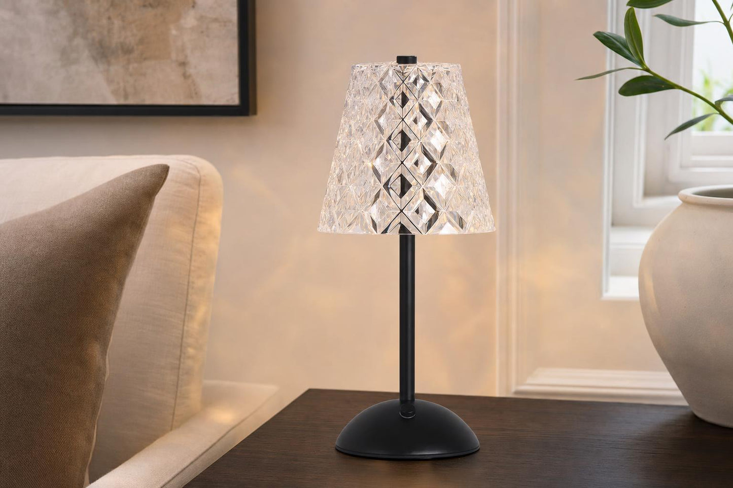 "Crystal Radiance I" Rechargeable LED Metal Accent Lamp (Set of 2) - Matte Black / Clear Gray