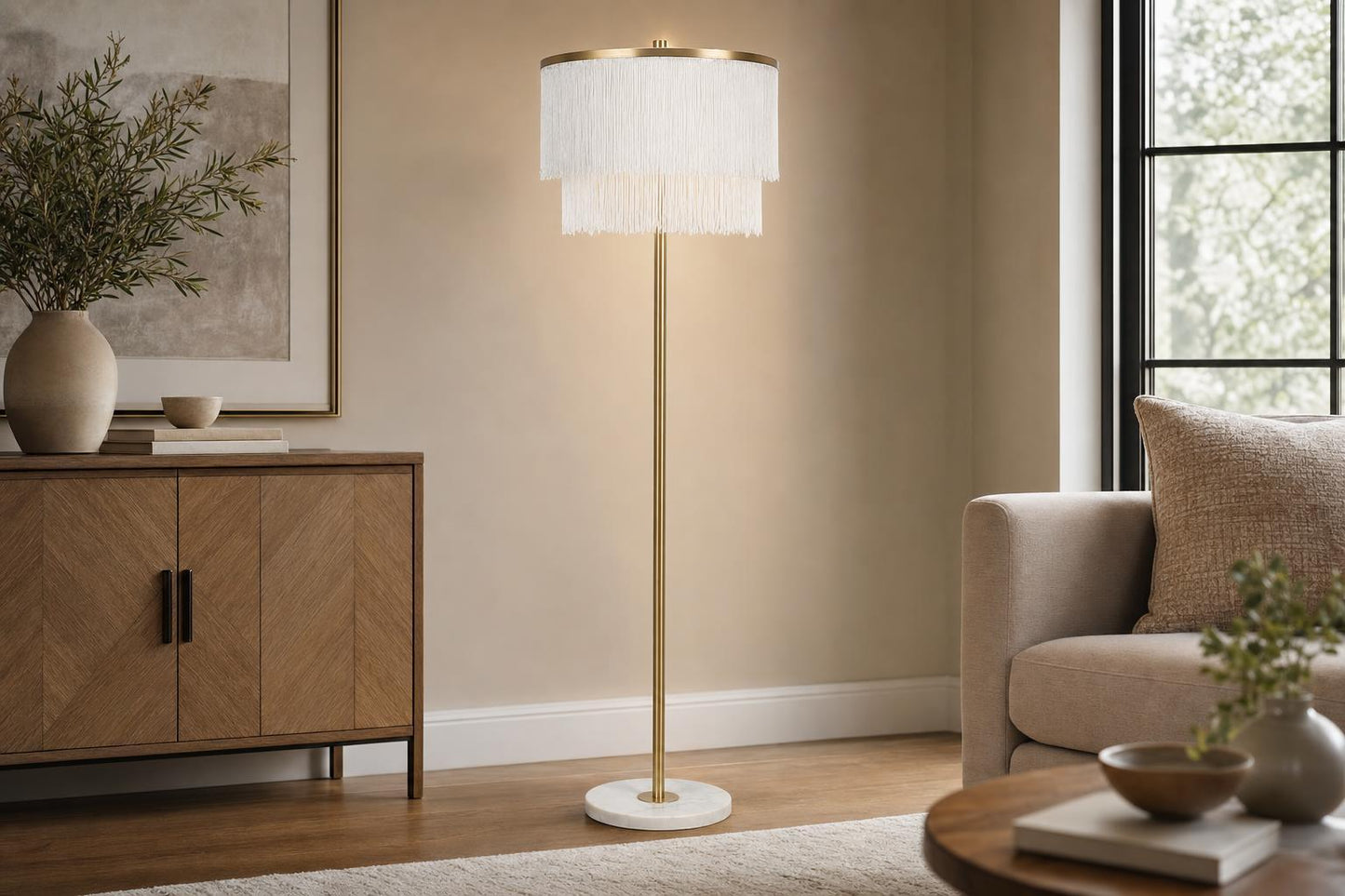 "Tassel Elegance I" Metal Floor Lamp - Soft Gold / White Marble