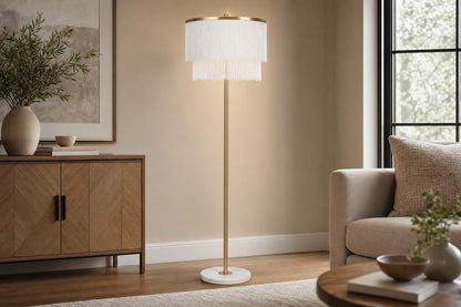 "Tassel Elegance I" Metal Floor Lamp - Soft Gold / White Marble