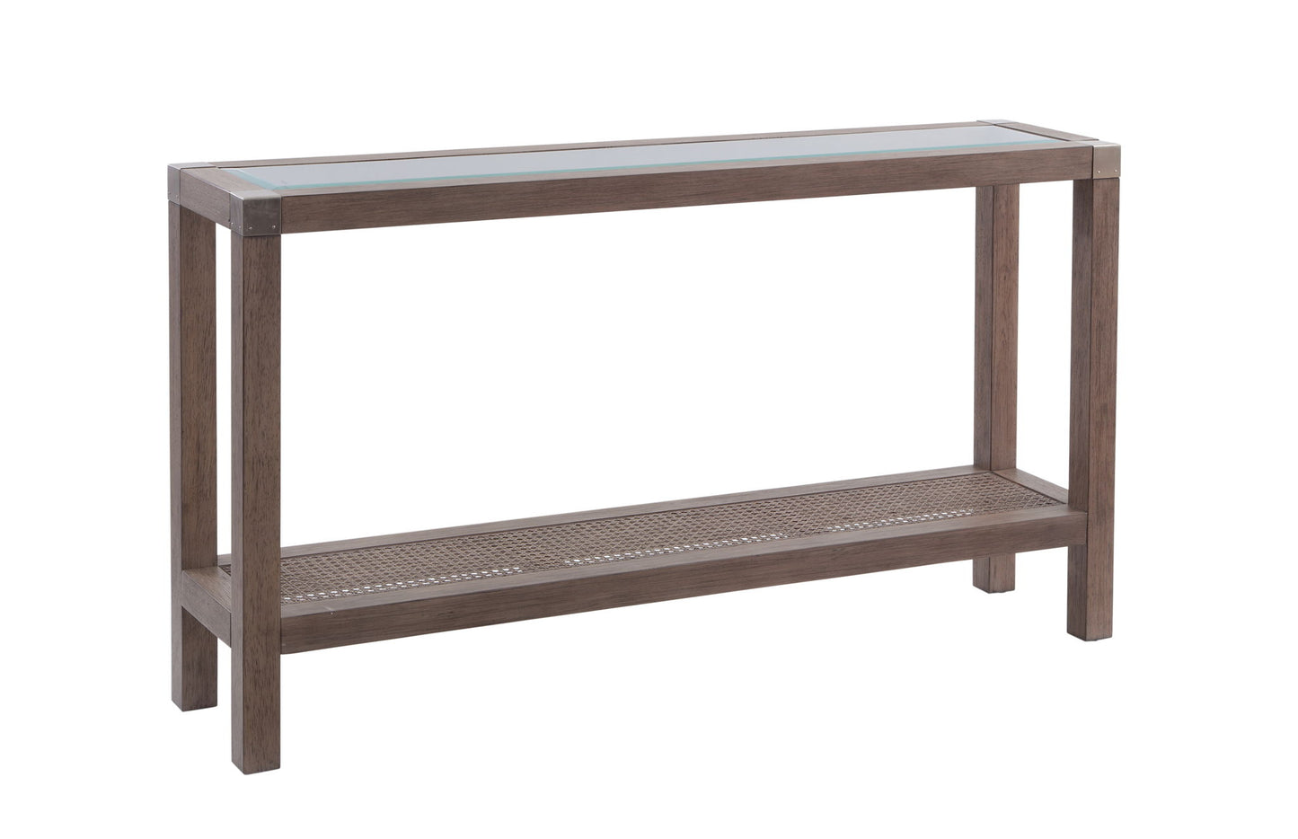 Calum - Console Table - Driftwood Gray / Cane / Brushed Nickel