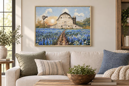 Bluebonnet Homestead - 40 X 30 - Hand-Embellished Canvas In Frame - Blue
