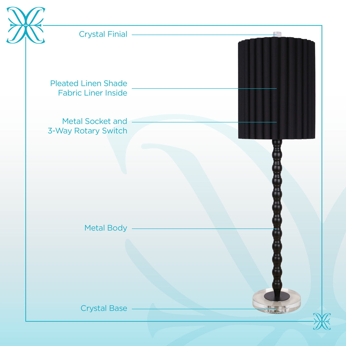 "Obsidian Elegance" Metal Buffet Lamp (Set of 2) - Black / Clear Crystal