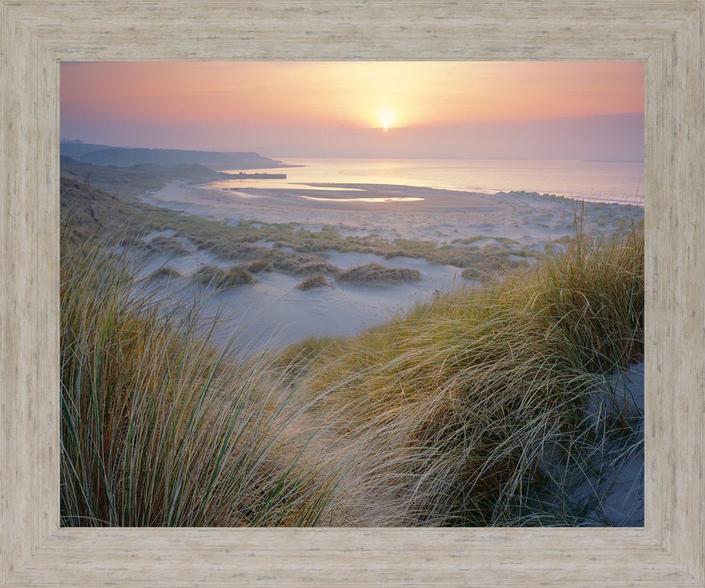 Misty Shoreline Glow - 28" x 34" Framed Wall Art - Light Blue