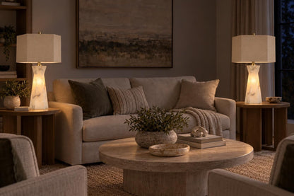 Evening Facet - 28 X 16 - Alabaster Table Lamp With Night Light (Set of 2) - Natural Stone