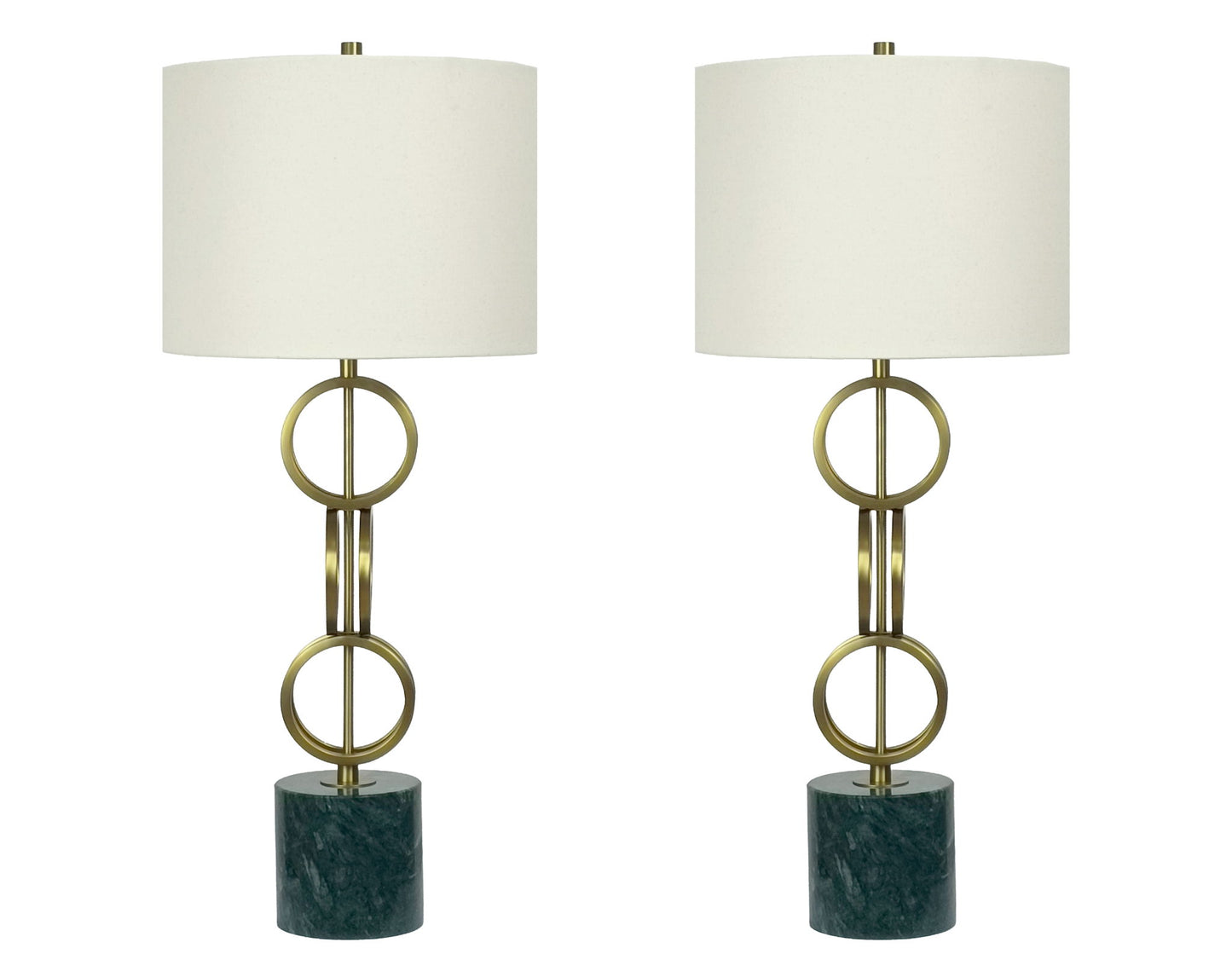 "Marble Harmony" Metal Table Lamp On Marble Base (Set of 2) - Green Marble / Matte Golden Bronze