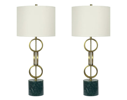 "Marble Harmony" Metal Table Lamp On Marble Base (Set of 2) - Green Marble / Matte Golden Bronze