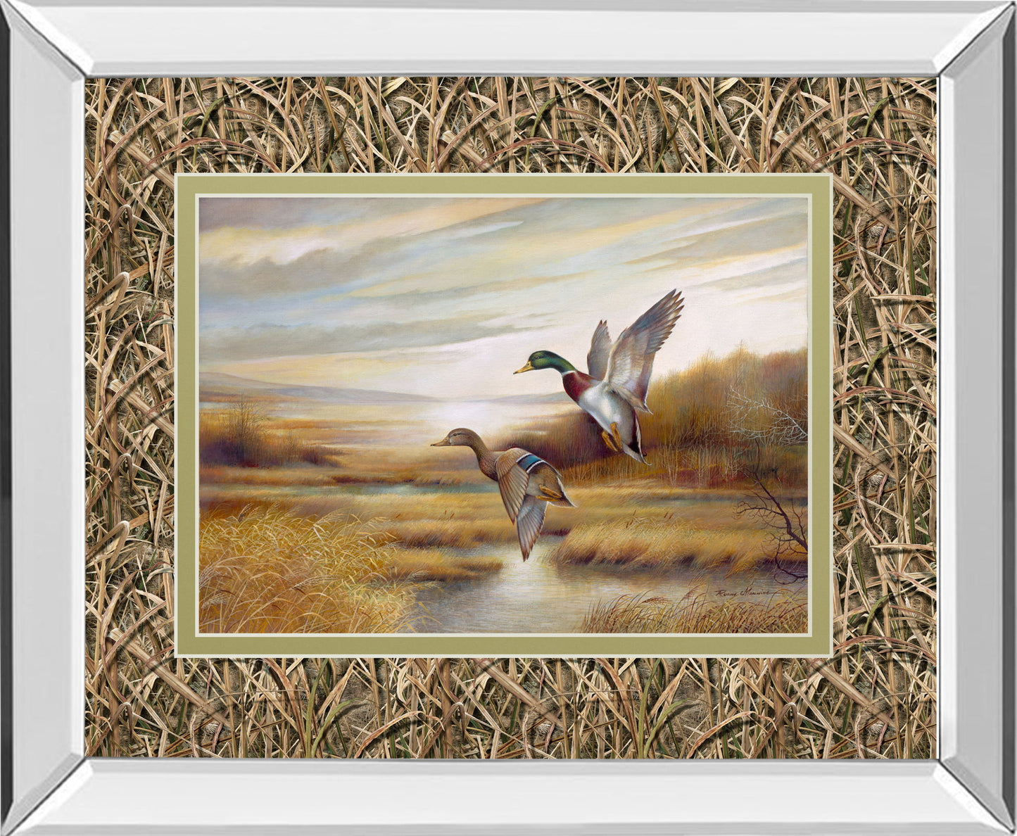 34x40 Mallards By Ruanne Manning And Mossy Oak Native Living - Mirror Framed Print Wall Art - Light Brown