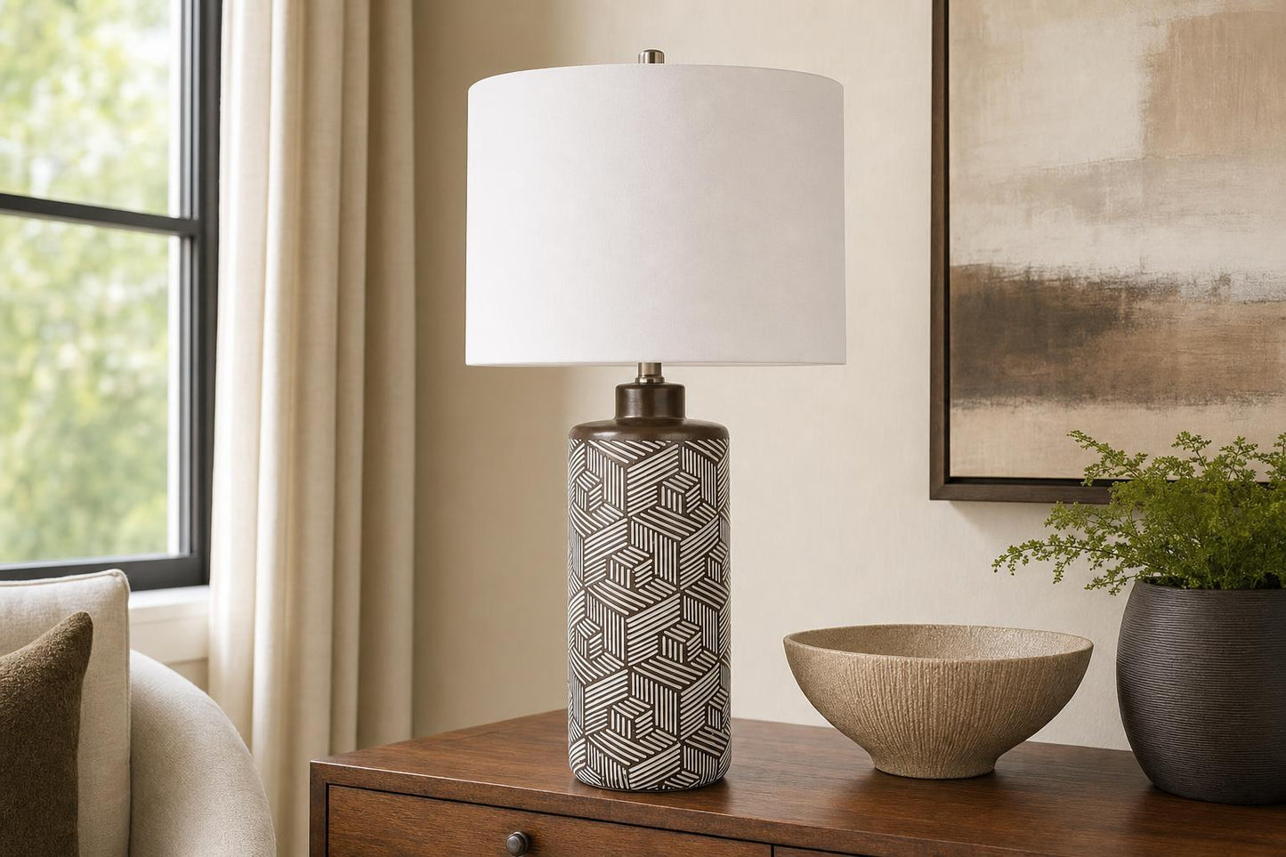 "Geometric Harmony" Ceramic Table Lamp (Set of 2) - Brown / White