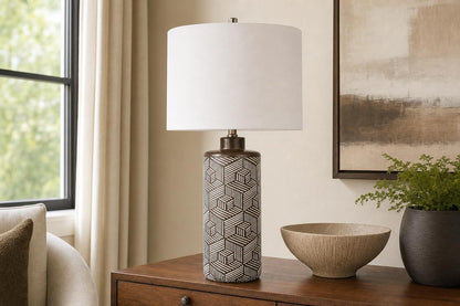 "Geometric Harmony" Ceramic Table Lamp (Set of 2) - Brown / White
