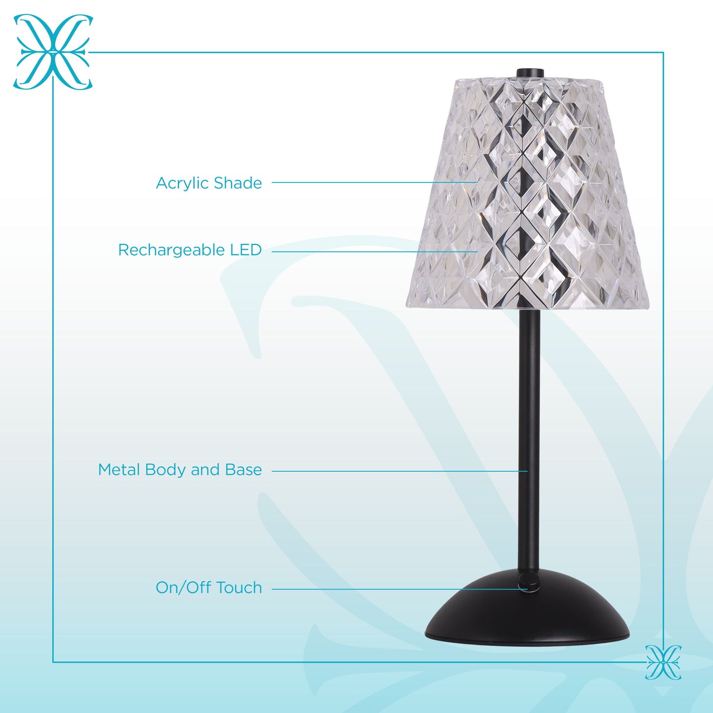 "Crystal Radiance I" Rechargeable LED Metal Accent Lamp (Set of 2) - Matte Black / Clear Gray