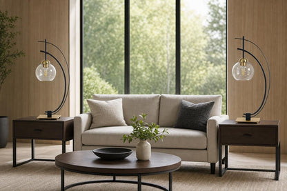 "Eclipse Aura" Metal Table Lamp With Glass Globe (Set of 2) - Matte Black / Gold / Clear Glass