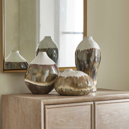 Earthflow - Glazed Outdoor Vases (Set of 3) - Brown / Green / White