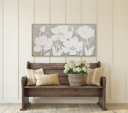 "Textured Blossoms" Hand-Painted Canvas In Frame - White / Gray