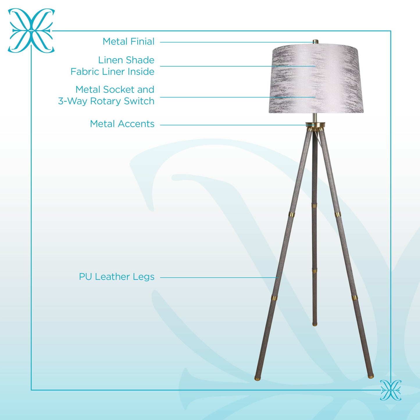 "Luxe Tripod Elegance" Faux Leather Wrap Floor Lamp - Greige / Soft Gold
