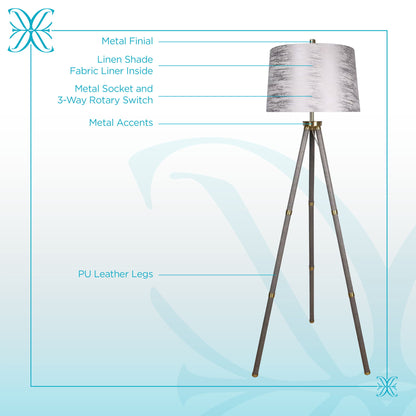"Luxe Tripod Elegance" Faux Leather Wrap Floor Lamp - Greige / Soft Gold