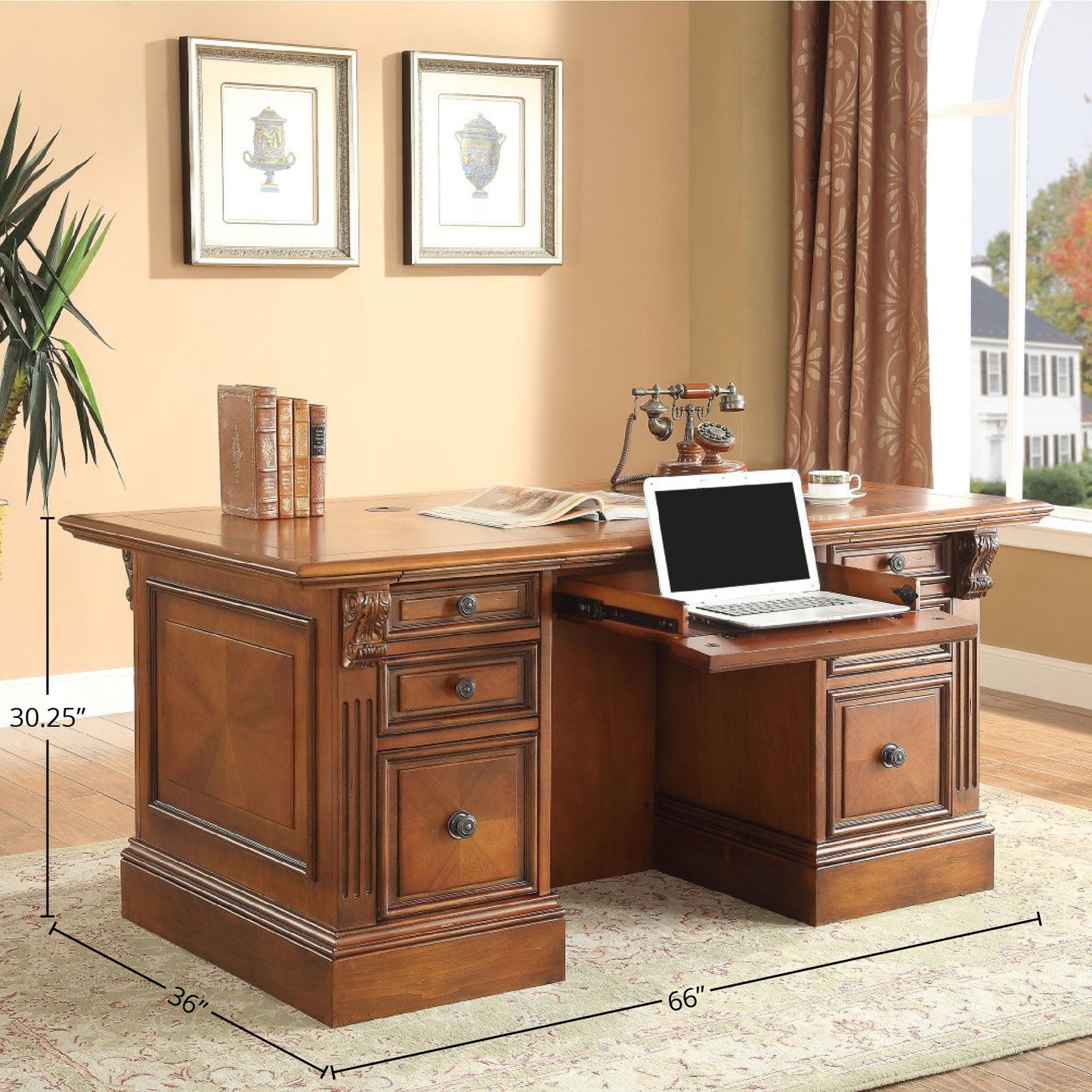 Huntington - Double Pedestal Executive Desk - Antique Vintage Pecan
