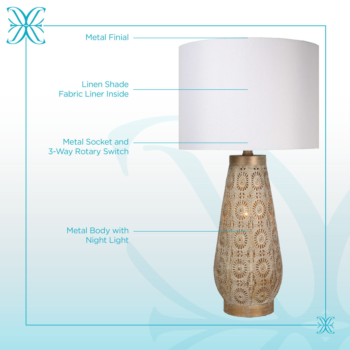 "Celestial Carve" Laser Cut Metal Table Lamp With Night Light (Set of 2) - Distressed White / Distressed Tan
