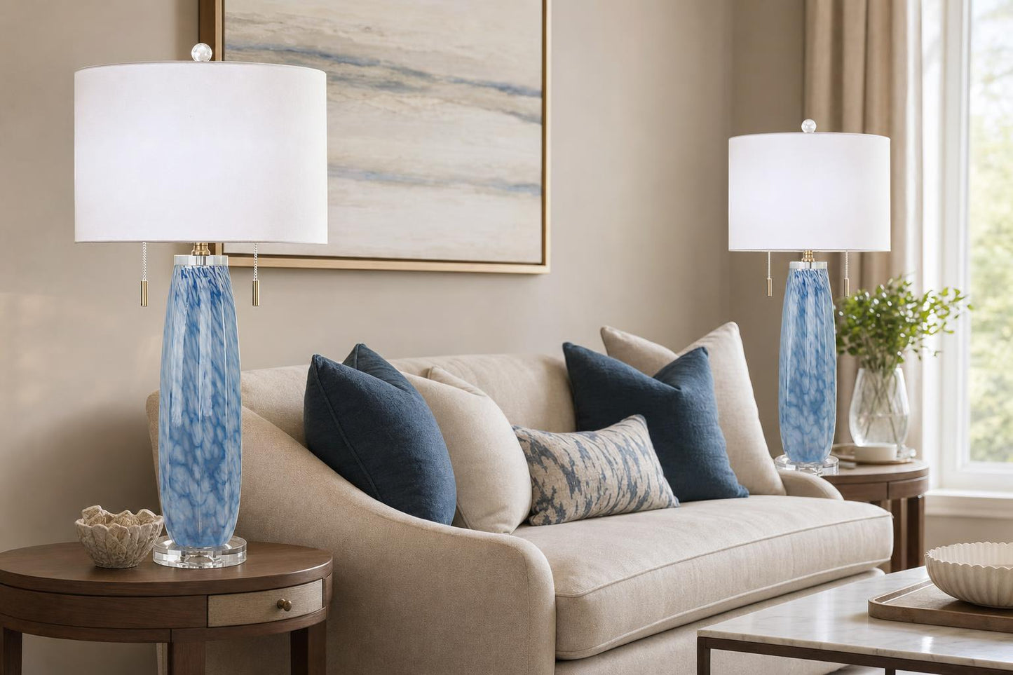 "Azure Display" Art Glass Table Lamp (Set of 2) - Blue Art Glass / Clear Crystal / Soft Gold