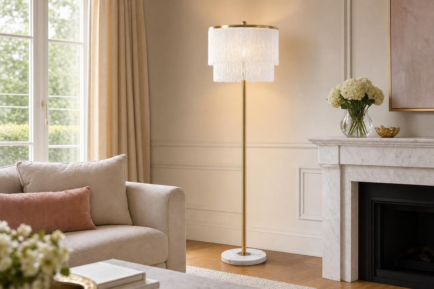 "Tassel Elegance I" Metal Floor Lamp - Soft Gold / White Marble