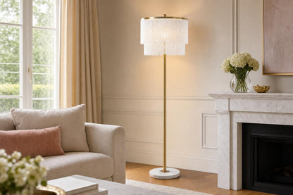 "Tassel Elegance I" Metal Floor Lamp - Soft Gold / White Marble