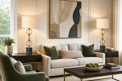 "Marble Harmony" Metal Table Lamp On Marble Base (Set of 2) - Green Marble / Matte Golden Bronze
