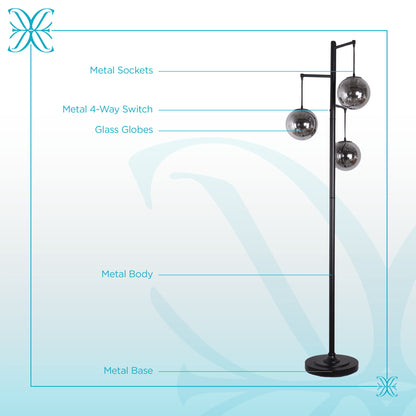 "Globe Cascade" Metal Floor Lamp With Glass Globes - Polished Chrome / Smoked Glass