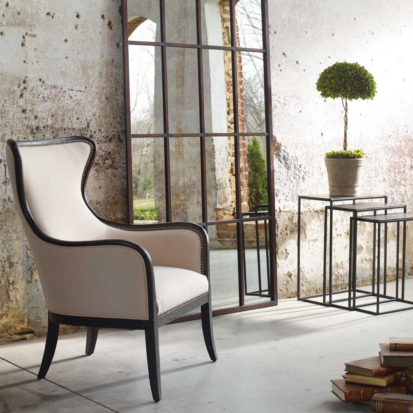 Sandy - Wing Back Armchair - Beige & Dark Brown