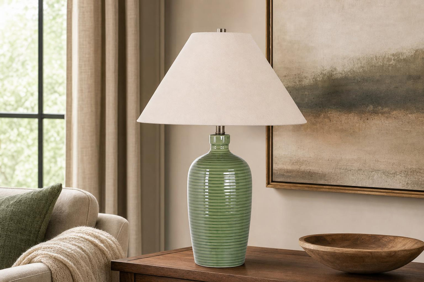 "Verdant Elegance" Ceramic Table Lamp (Set of 2) - Sage Green / Asb