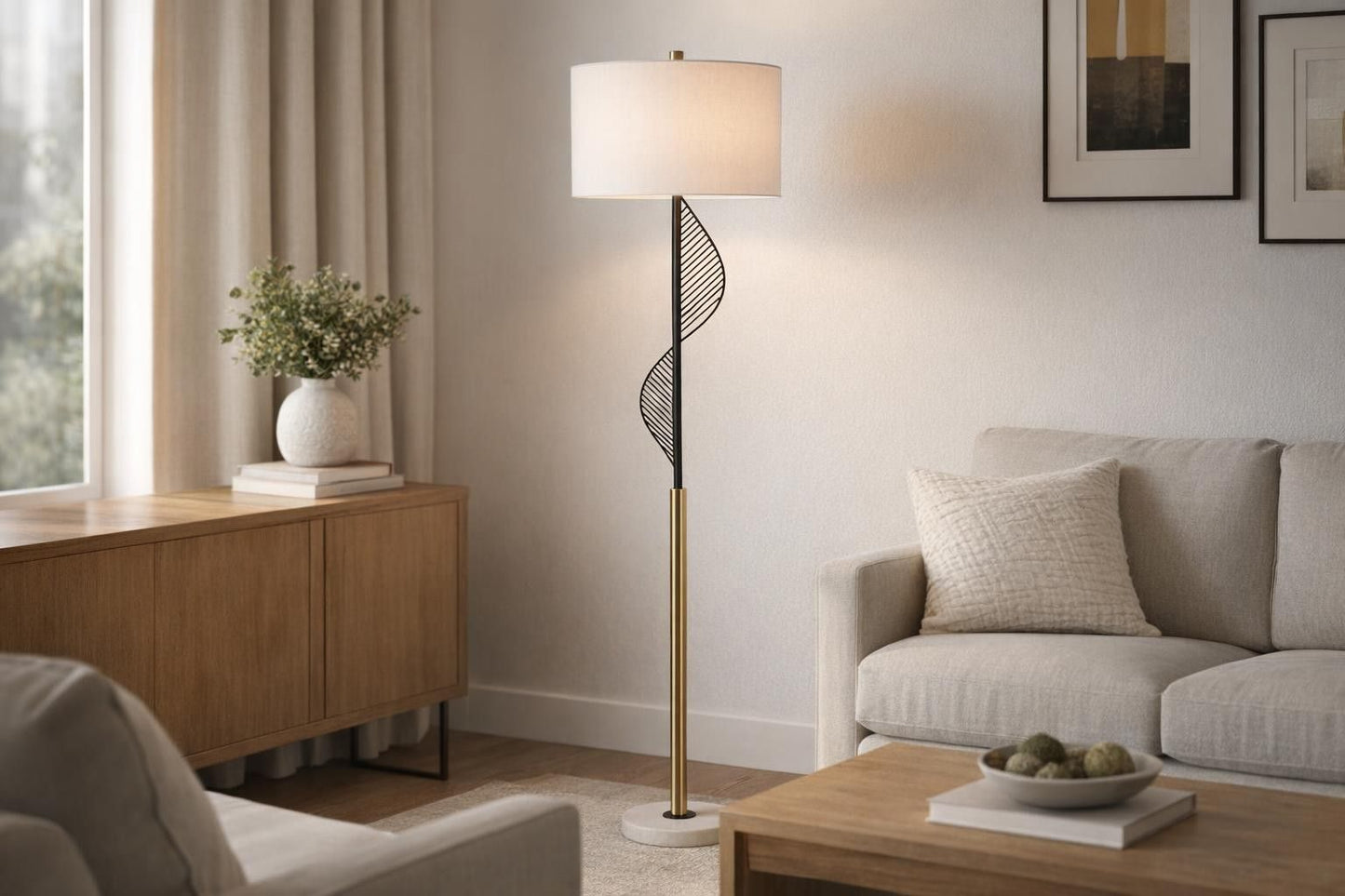 Spiral Radiance I Metal & Marble Floor Lamp - Matte Black / Soft Gold