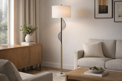 Spiral Radiance I Metal & Marble Floor Lamp - Matte Black / Soft Gold