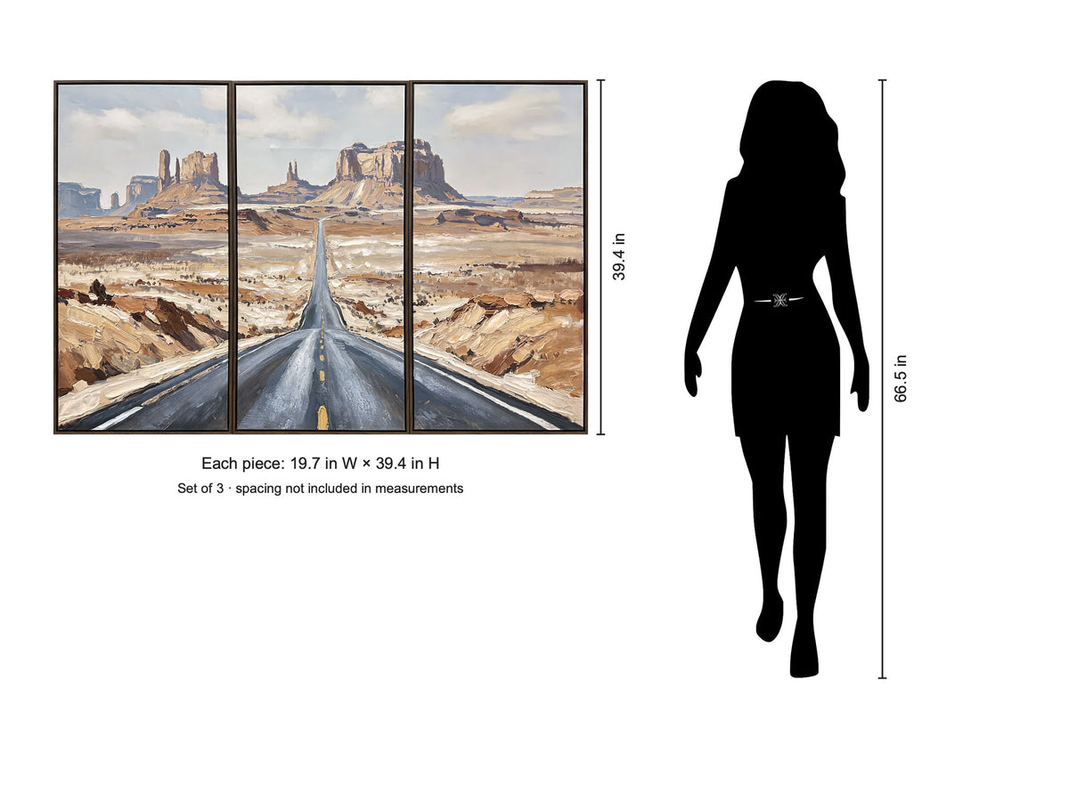 Beyond The Mesas - 20 X 39 - Hand-Embellished Canvas Triptych In Frame - Tan, Rust, Cream, Blue-Gray
