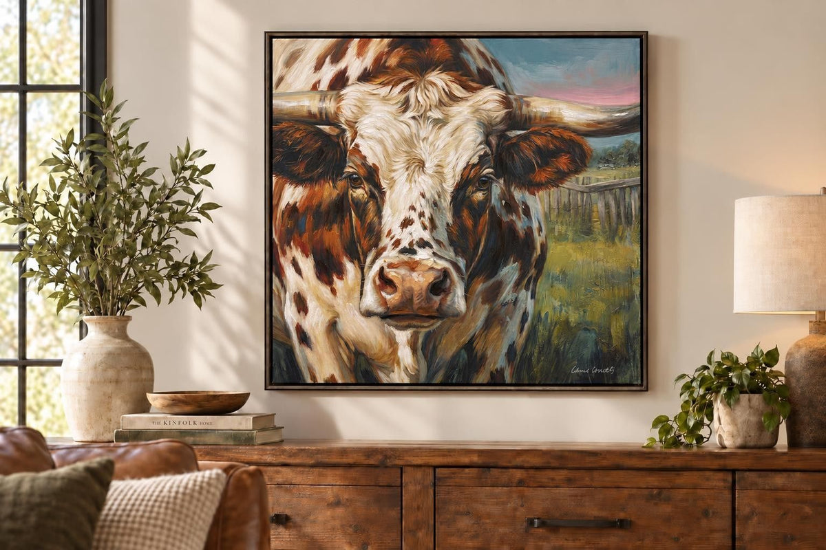 Pasture Witness - 34 X 34 - Hand-Embellished Canvas In Frame - Rust Brown