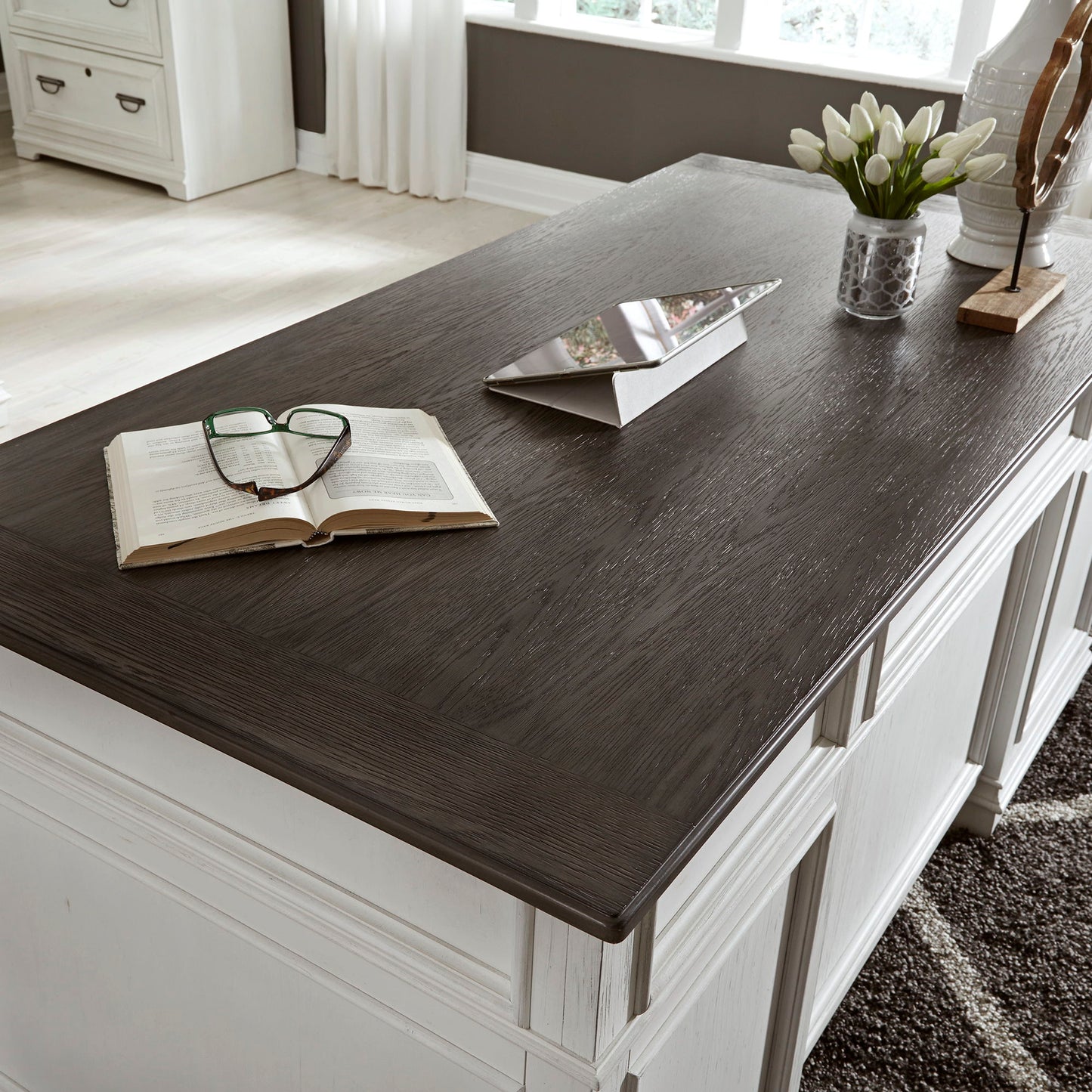 Allyson Park - Jr Executive Desk Top - Wirebrushed White / Charcoal