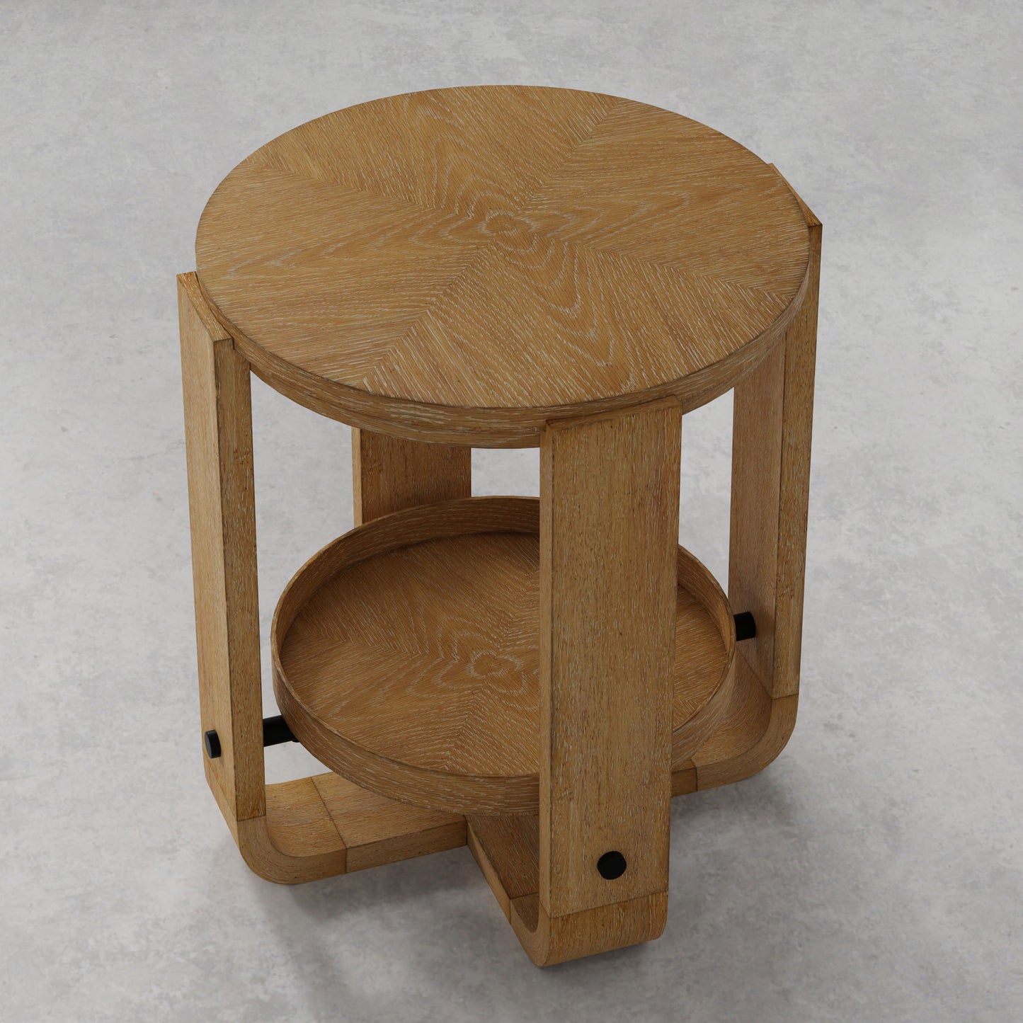 Escape - Round End Table With Shelf - Glazed Natural Oak / Black Metal Trim