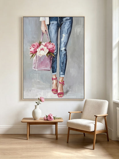 Denim And Peonies I - 36 X 48 - Hand-Embellished Canvas In Frame - Blue