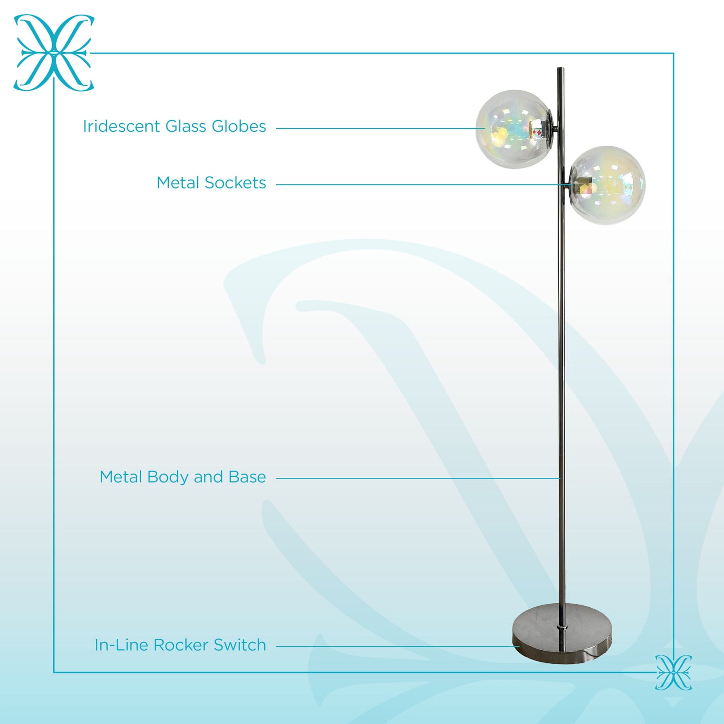 "Celestial Radiance" Metal Floor Lamp With Iridescent Glass Globes - Gun Metal Iridescent Glass