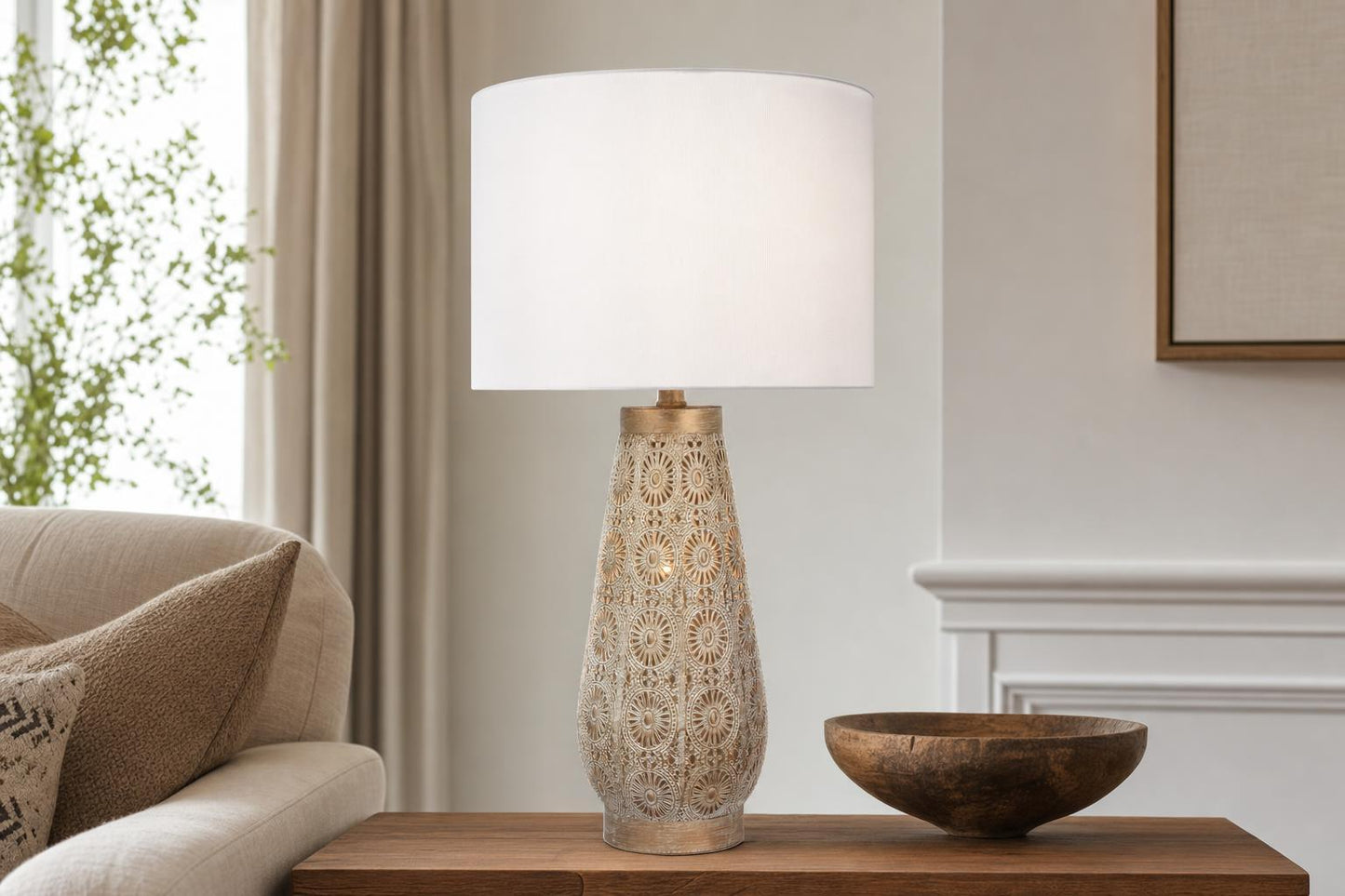 "Celestial Carve" Laser Cut Metal Table Lamp With Night Light (Set of 2) - Distressed White / Distressed Tan