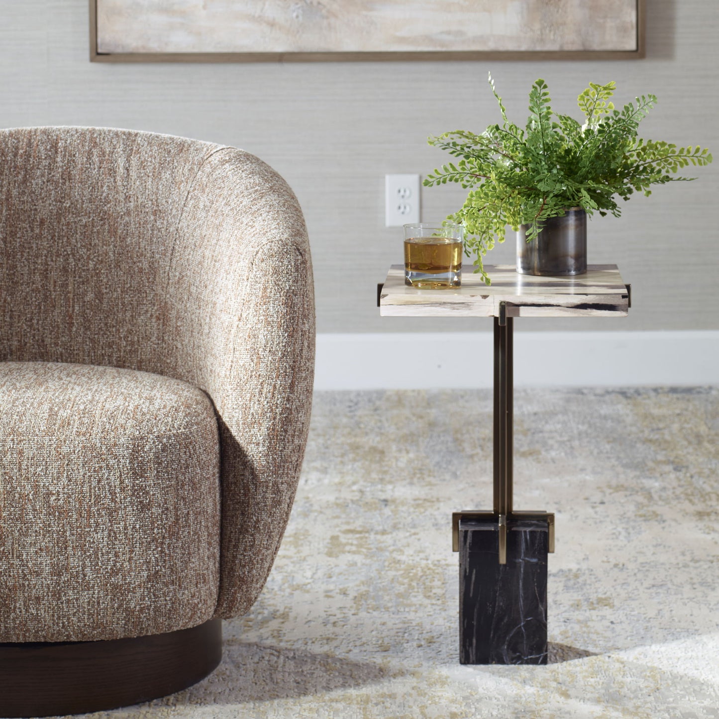 Rowman - Petrified Wood Accent Table - Bronze