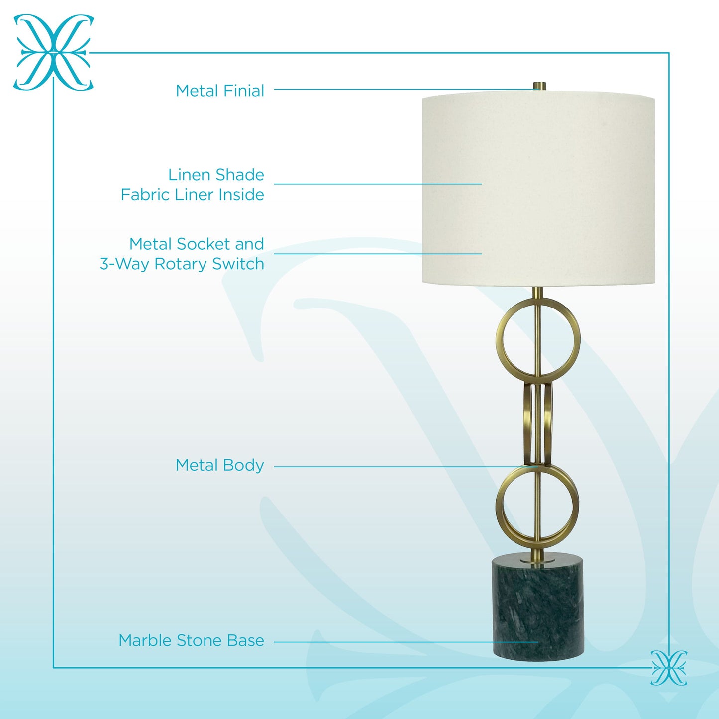 "Marble Harmony" Metal Table Lamp On Marble Base (Set of 2) - Green Marble / Matte Golden Bronze