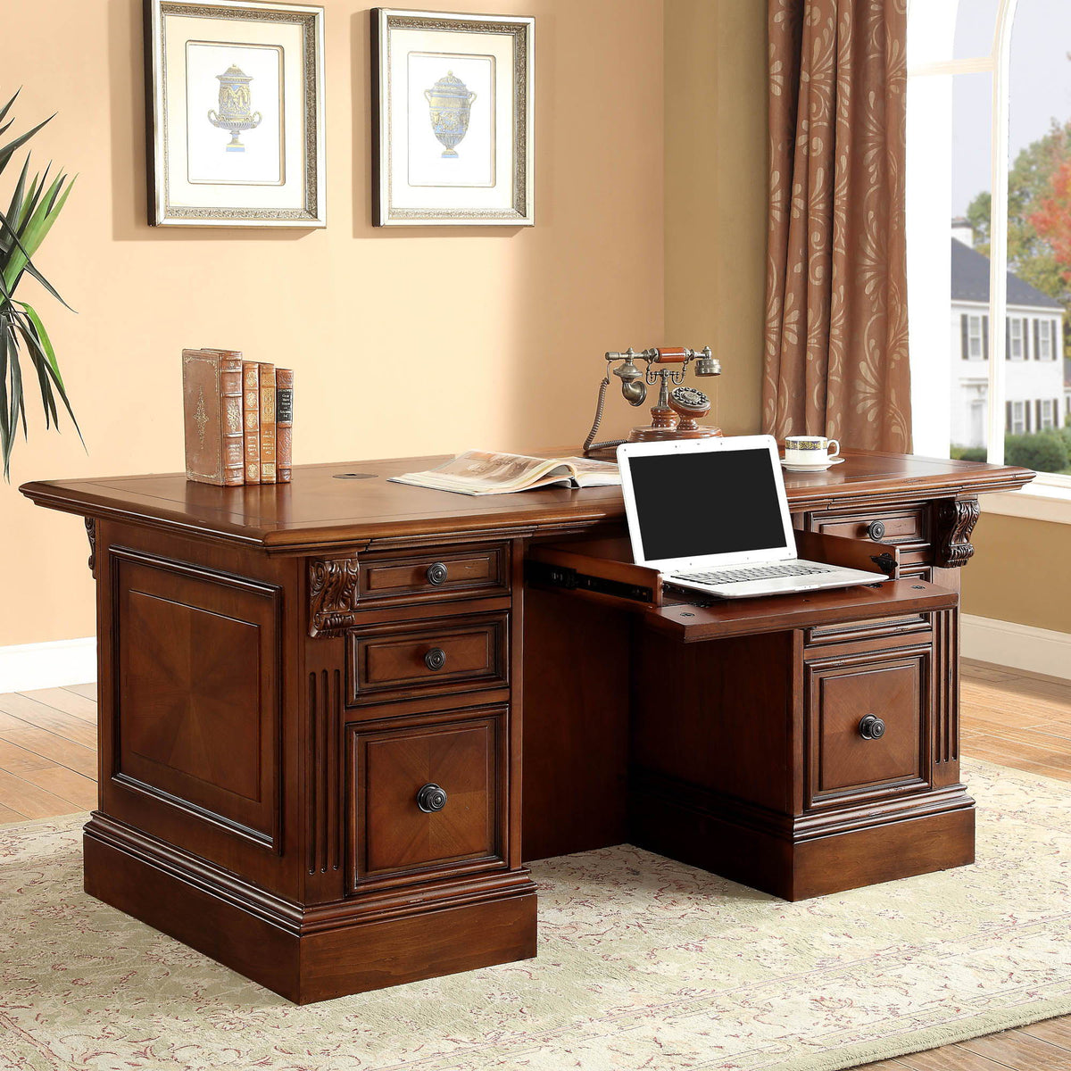 Huntington - Double Pedestal Executive Desk - Antique Vintage Pecan