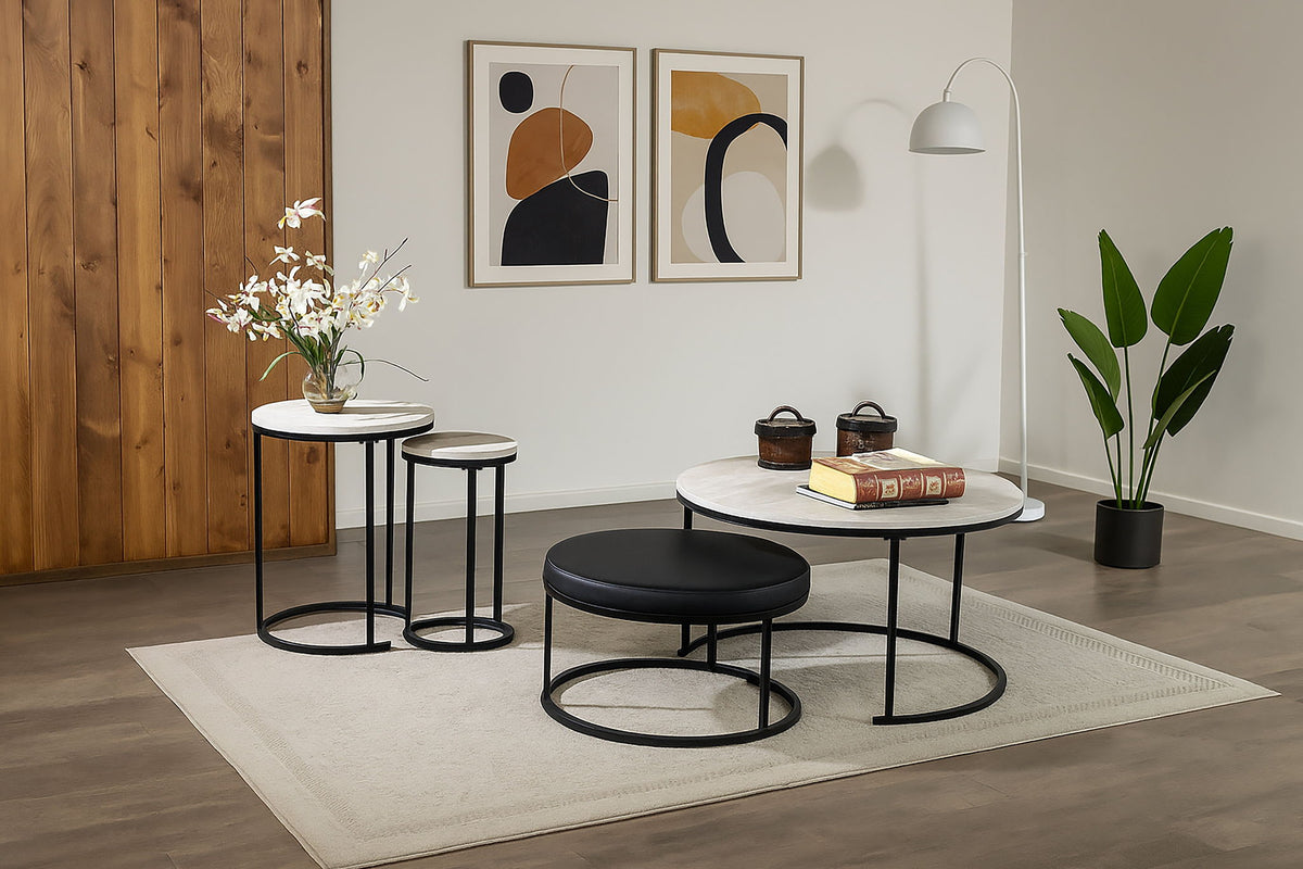 Forma - 4 Piece Occasional Set (1 Coffee, 1 Large End Table & 1 Stool, 1 Small End Table) - Black / White / Gray