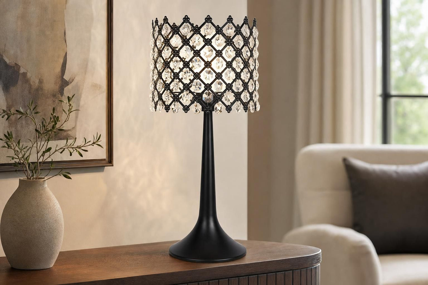 "Crystal Lattice Radiance" Metal And Crystal Table Lamp (Set of 2) - Matt Black / Clear Crystal