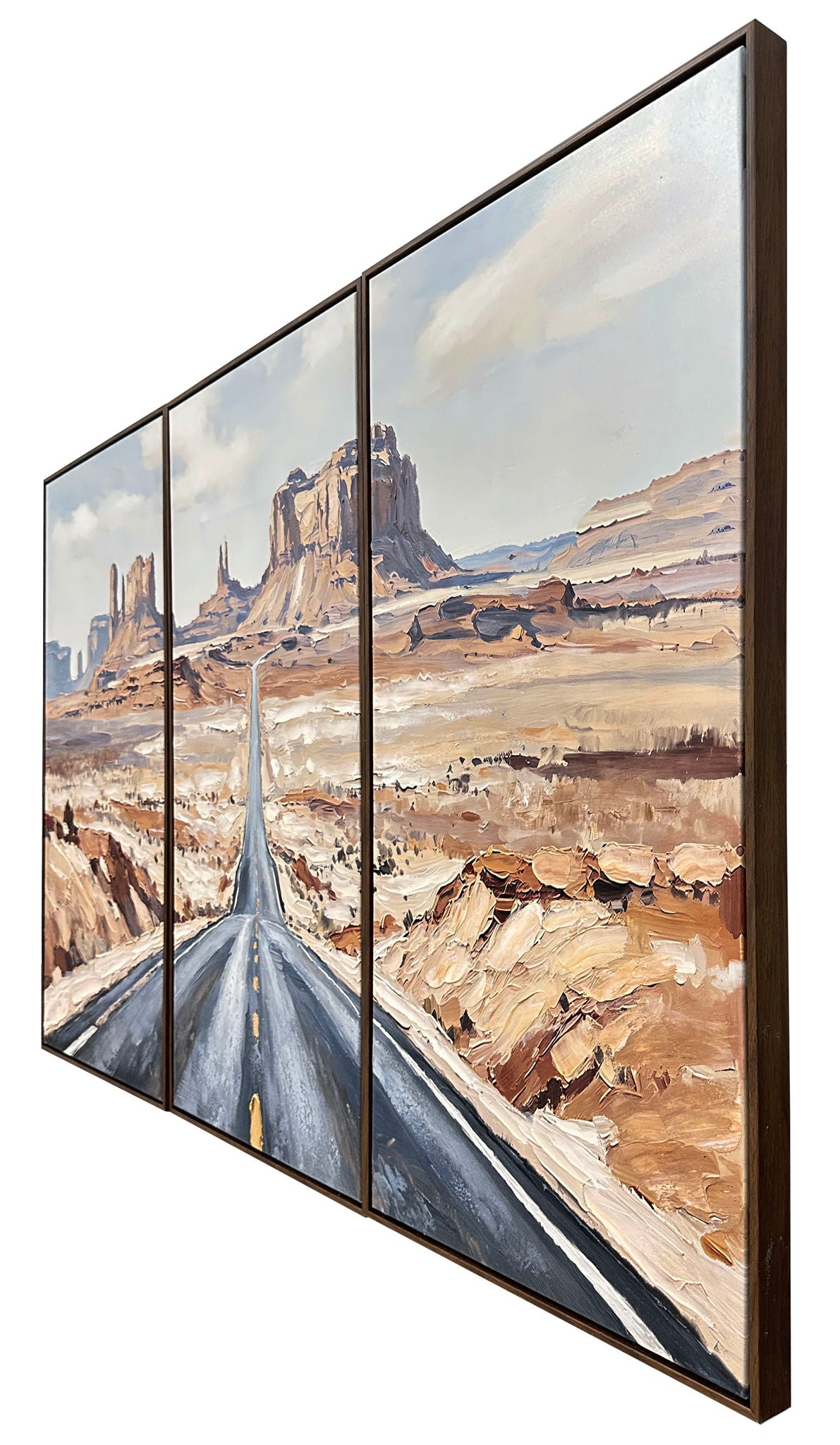 Beyond The Mesas - 20 X 39 - Hand-Embellished Canvas Triptych In Frame - Tan, Rust, Cream, Blue-Gray